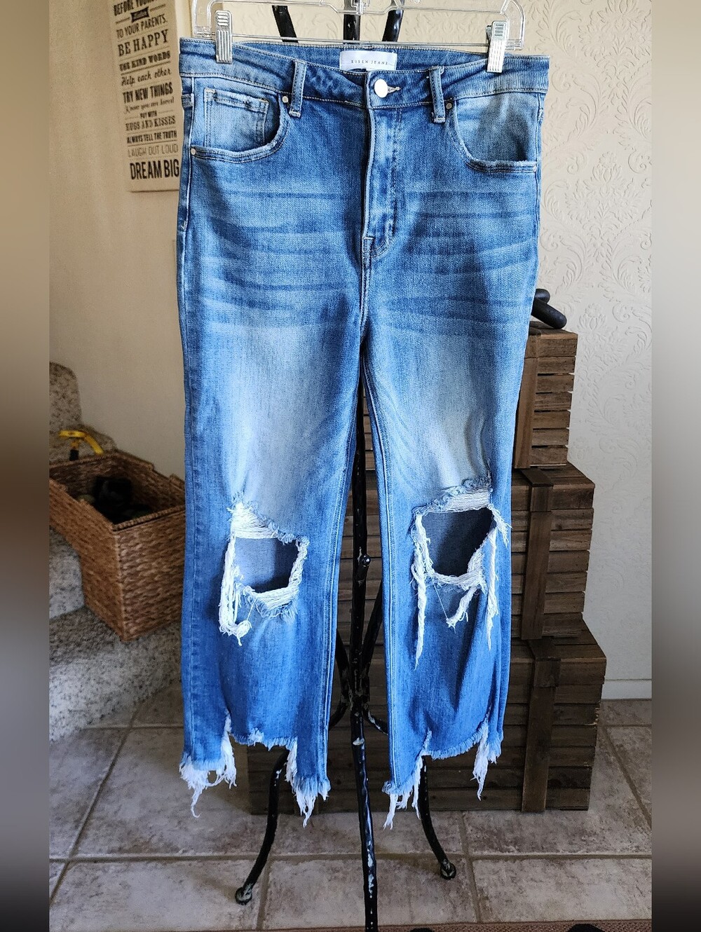 Risen Distressed High-Rise Blue Jeans - Women's Ripped Denim